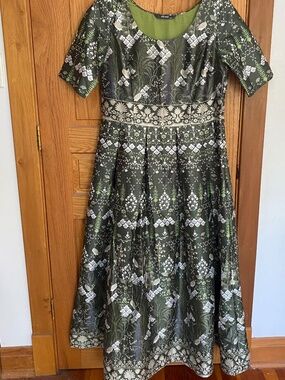 eShakti Size 18 Dark Green & Sage Bird Tile Dupioni Dress